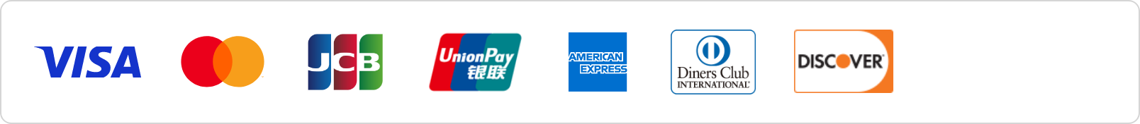 クレジットカード（VISA, mastercard, JCB, UnionPay銀嶺, AMERICANEXPRESS, Diners club, DISCOVER）